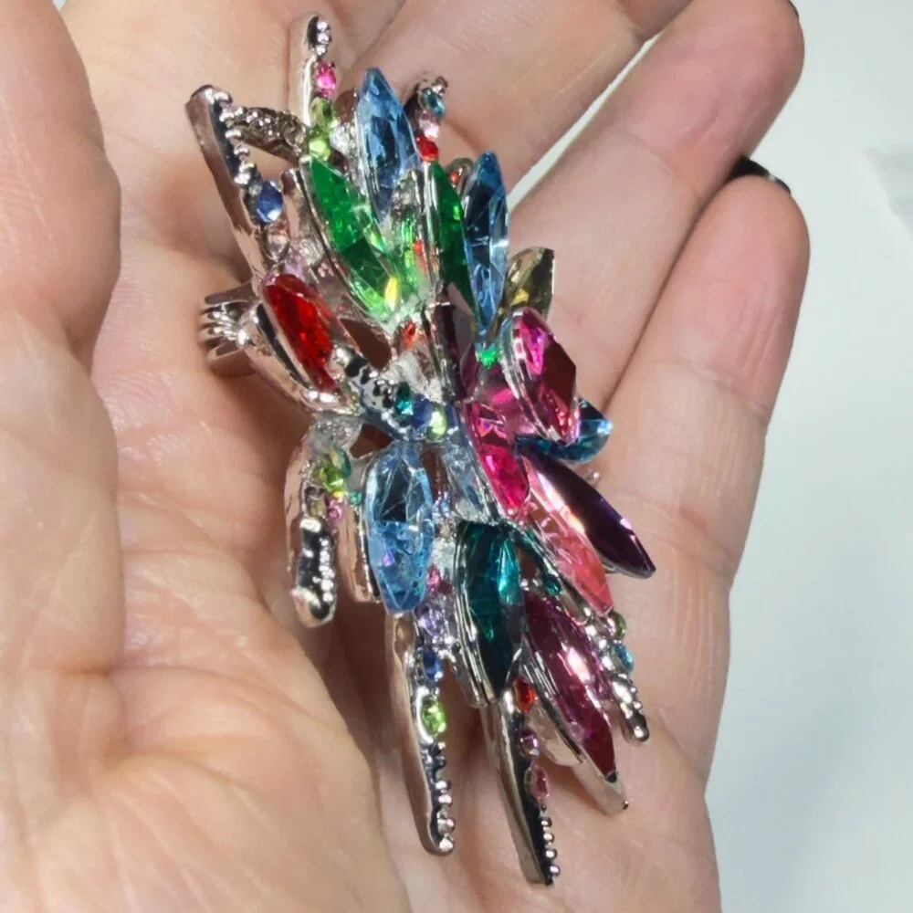 Flower Brooch Multicolor Rhinestone Statement Pin Large Crystal Floral 2.75”